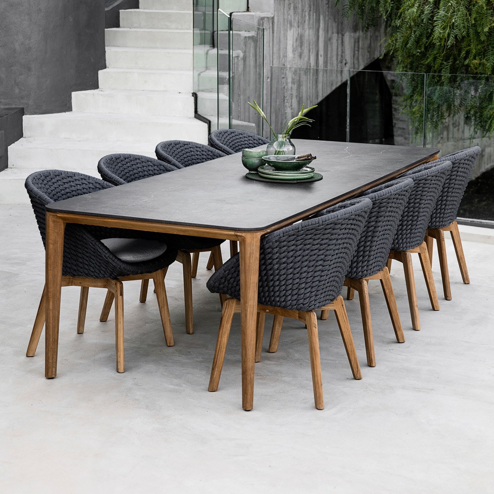 Table de jardin céramique effet bois 8 chaises + 2 fauteuils